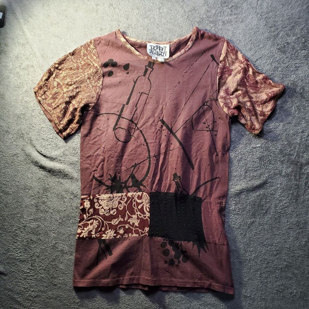 Donna Jessica Mixed Pattern Patchwork Abstract Burgandy Wine Long Tee Lagenlook